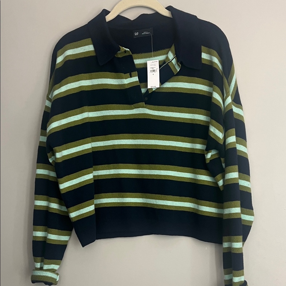GAP Navy and Green Striped Polo Sweater